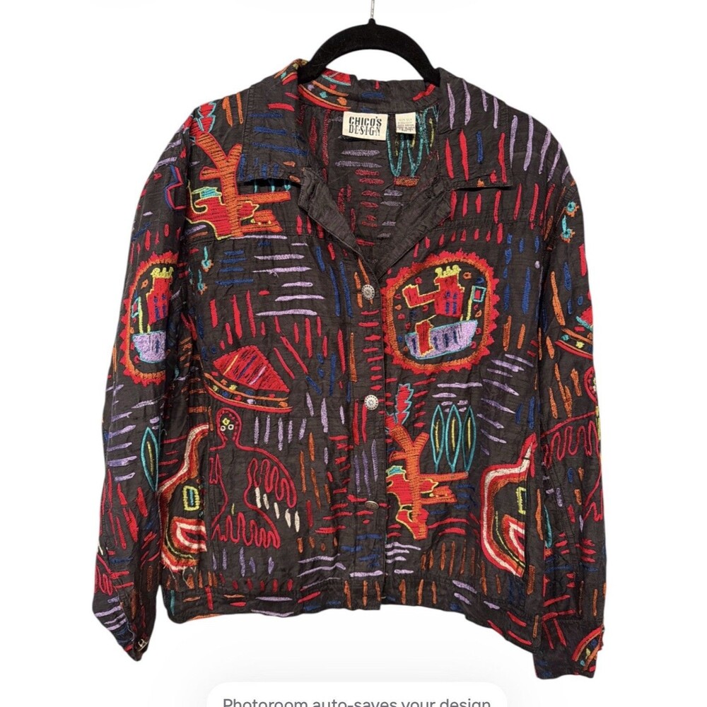 Vintage 90s Chicos Design Silk Jacket Embroidered Quirky Boho Colorful 2 Oversiz